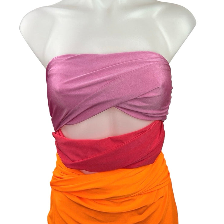 Colorblock Pink Orange Cutout Strapless Slit Bodycon Sexy Tube Maxi Dress Size S