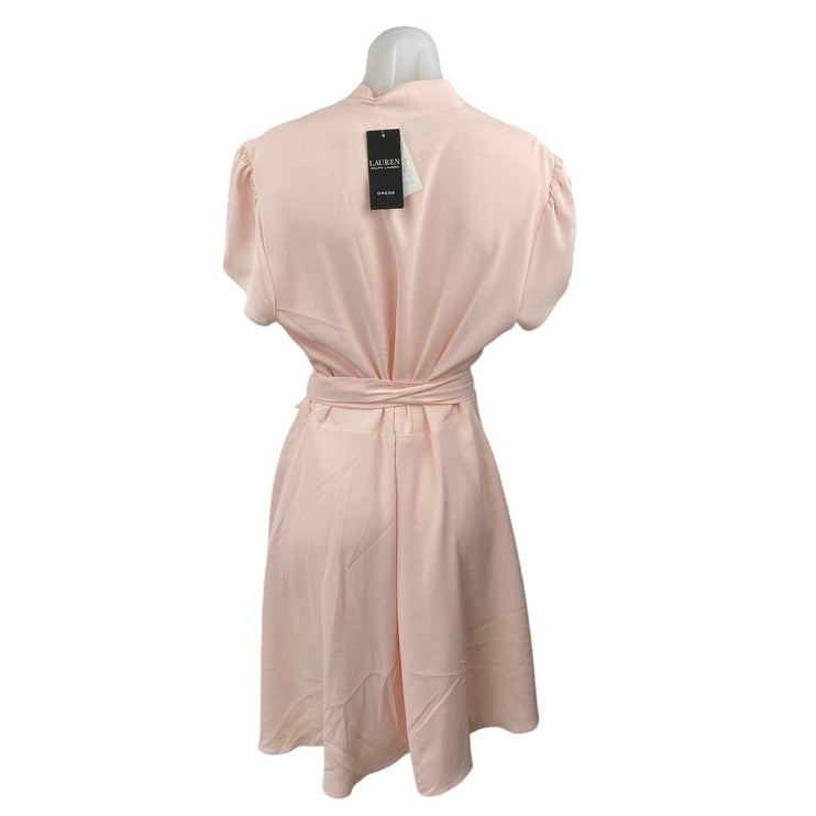 NEW Ralph Lauren Peach Orange V-neck Short Sleeve Tie Belt Midi A-Line Dress 14