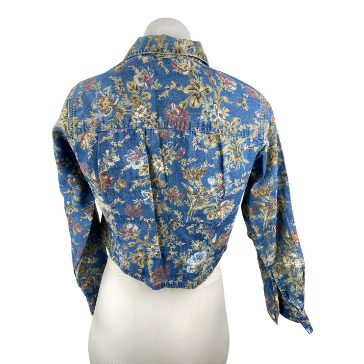 Liz Claiborne Women's Blue Floral Long Sleeve Button Up Cropped Shirt Top Size S