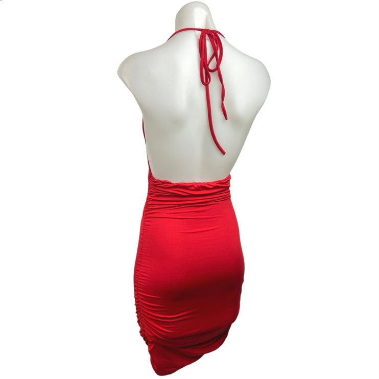 Womens Red Square Neck Halter tie Open Back Ruched Party Mini Bodycon Dress XS