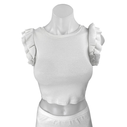 Zara Women's White Ruffle Sleeveless Ribbed Knit Blouse Crewneck Crop Top Size S