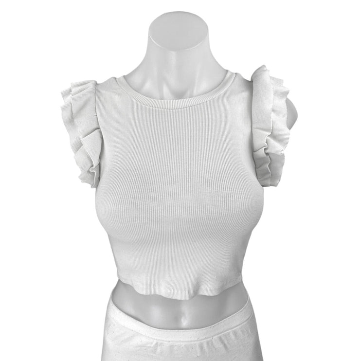 Zara Women's White Ruffle Sleeveless Ribbed Knit Blouse Crewneck Crop Top Size S