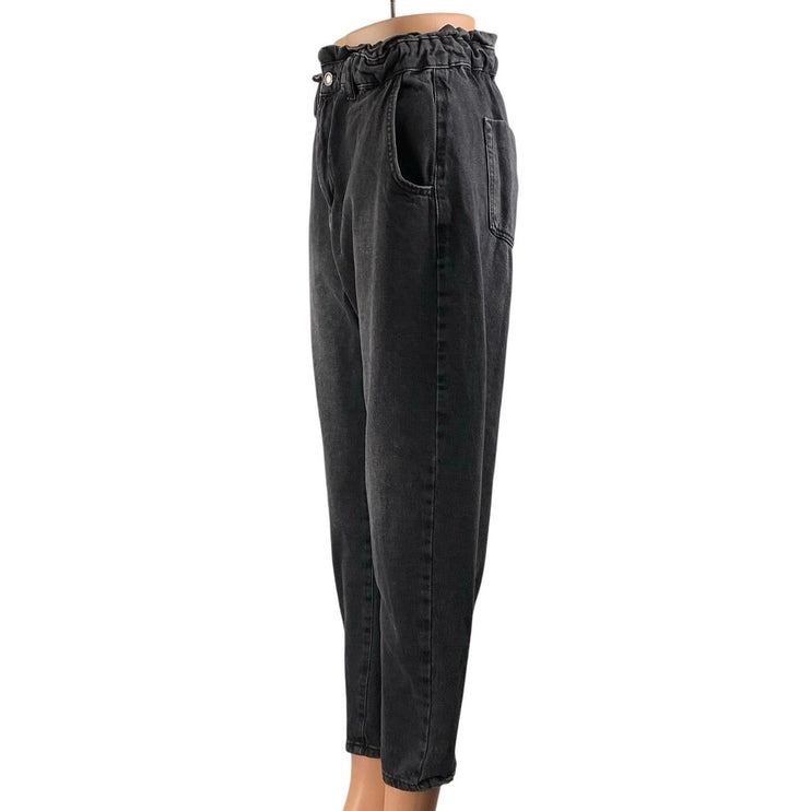 Zara Women's Black High Waisted Straight Tapered Barrel Paperbag Denim Jeans 36