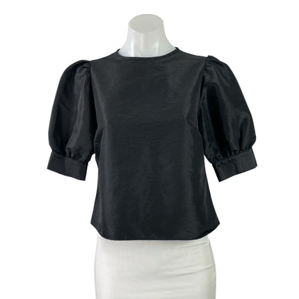 New Look Black Short Puff Sleeve Silk Satin Crew Neck Blouse Crop Top Size 4