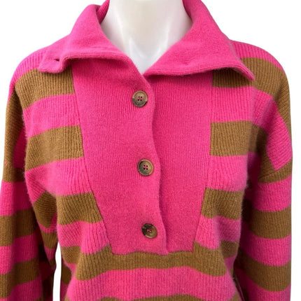 Xirena Rafferty Pink Brown 100% Cashmere Striped Button Collar Sweater Top Sz S