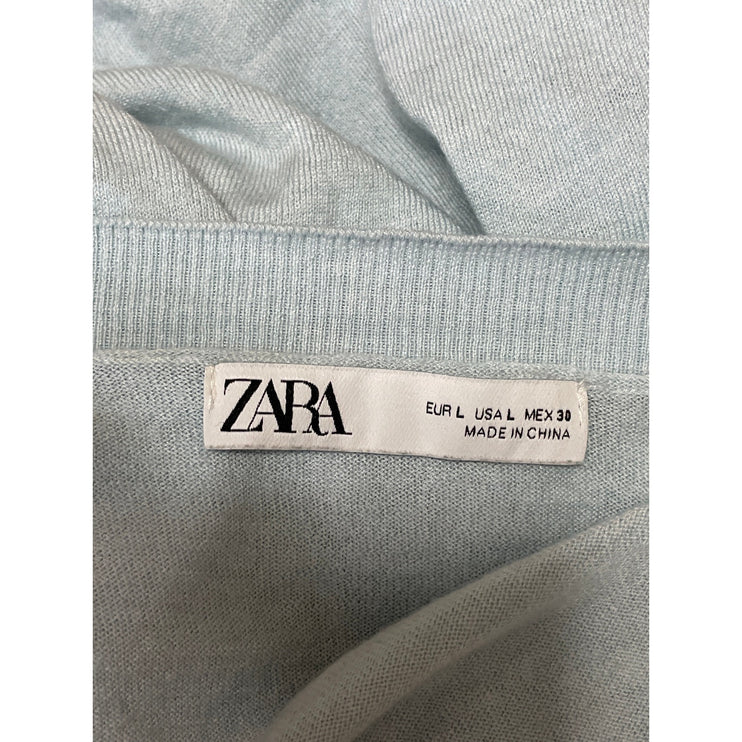 Zara Women's Blue Wool Long Sleeve V Neck Knit Sweatshirt Sweater Top Size L