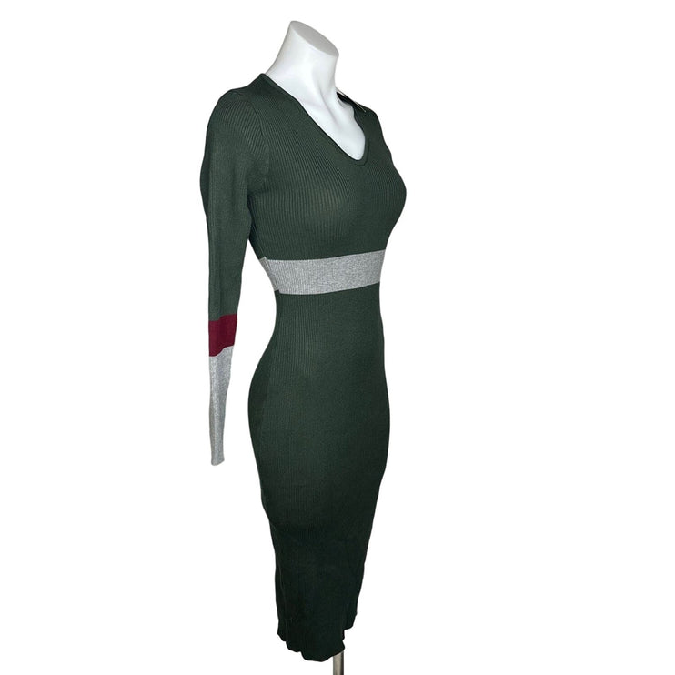 Sundays Soho NWT $79 Green Ribbed Knit V Neck Colorblock Bodycon Midi Dress S