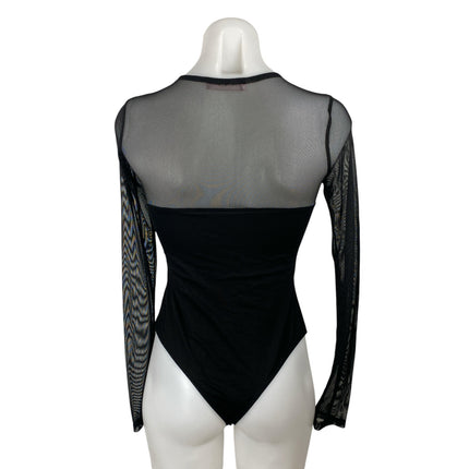 Blue Blush Women's Black Mesh Sheer Long Sleeve Crew Neck Bodysuit Top Size S