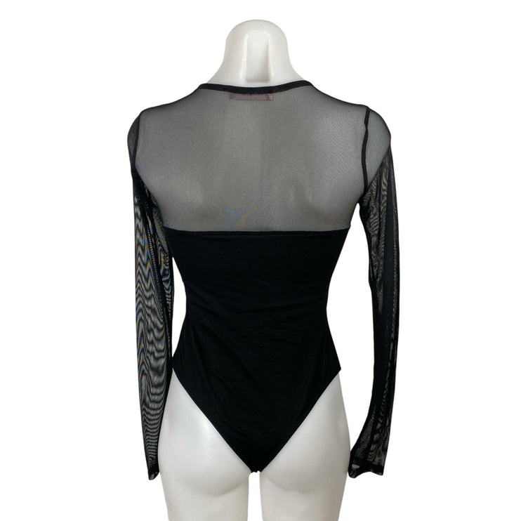 Blue Blush Women's Black Mesh Sheer Long Sleeve Crew Neck Bodysuit Top Size S