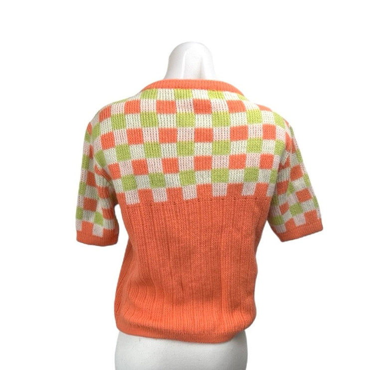 Kingsley Women's Coral Green Gingham Short Sleeve Rib Knit Sweater Top Size S