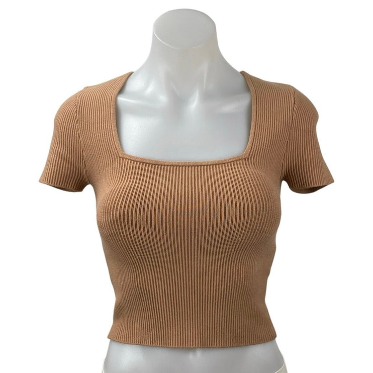 Abercrombie & Fitch Women's Rib Knit Brown Square Neck Short Sleeve Crop Top XS