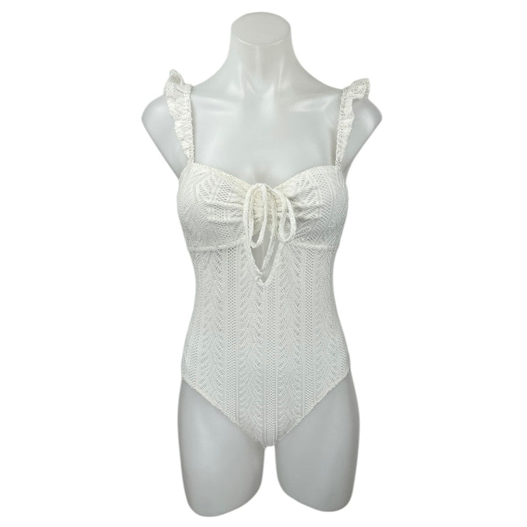Blue Blush White Crochet Knit Sleeveless Cutout Camisole Bodysuit Tank Top Sz M