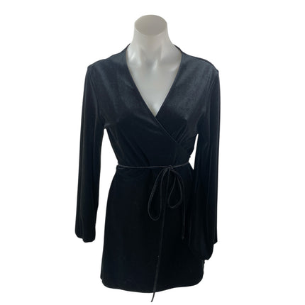 Zara Woman Black Velvet Velour Long Sleeve Tie Belt V-neck Mini Wrap Dress Sz L