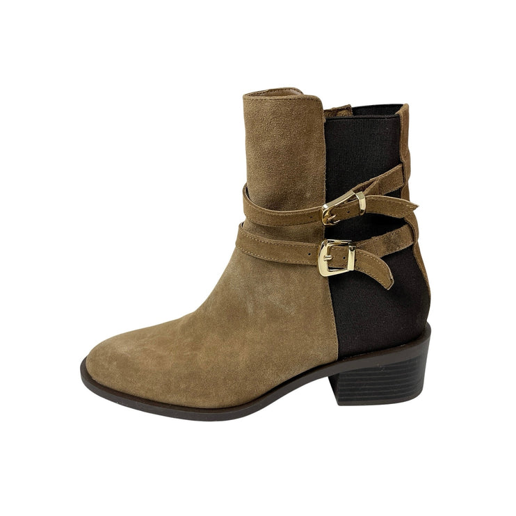 Zara Women's Tan Black Colorblock Suede Leather Mid Heeled Buckle Boots Size 8