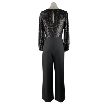 Ever New Black Sequin Long Sleeve V Neck Pleated Wide Leg Wrap Romer Jumpsuit S