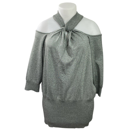 Ashley Stewart Silver Metallic Glitter Cold Shoulder Halter Tunic Dress 22/24