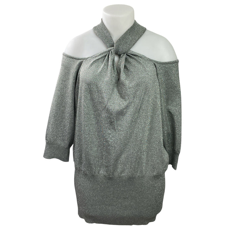 Ashley Stewart Silver Metallic Glitter Cold Shoulder Halter Tunic Dress 22/24
