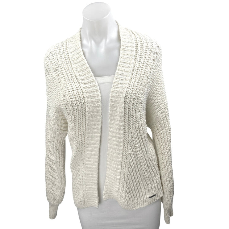 Abercrombie & Fitch White Crochet Knit Open Front Long Sleeve Cardigan Sweater M