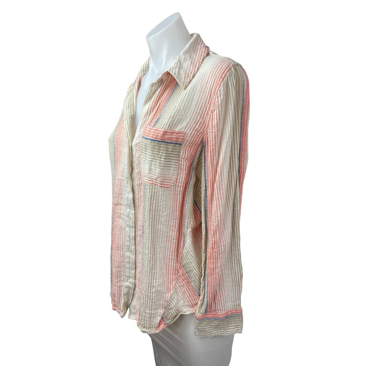 Liverpool Women's Beige Coral Striped Long Sleeve Button Down Shirt Top Size S
