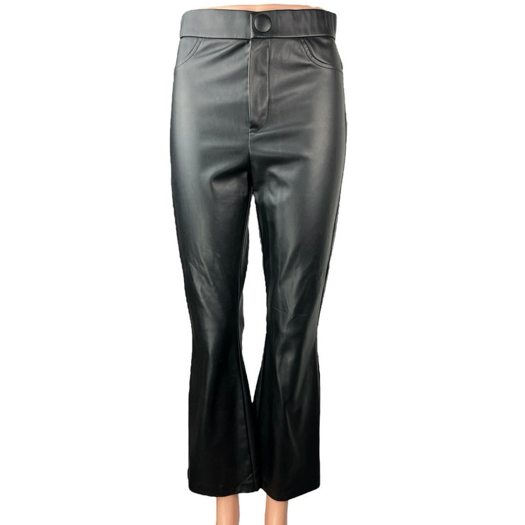 Zara Women's Black Leather High Waist Flared Bell Bottom Crop Ankle Pants Size M