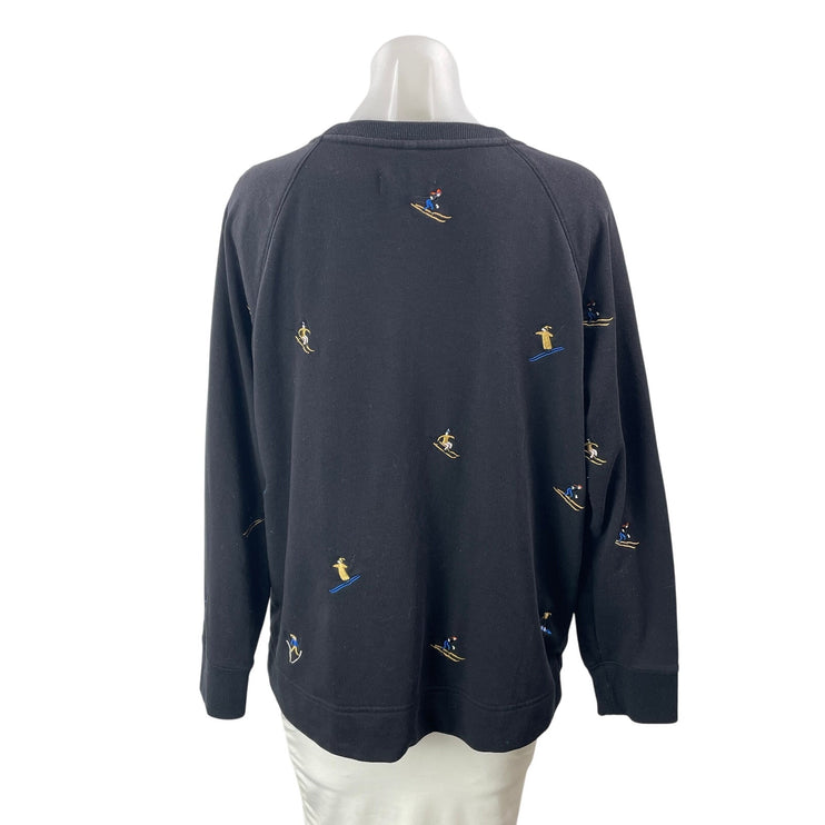Lou & Gray LOFT Ski Terry Black Long Sleeves Embroidered Skier Sweatshirt Top M