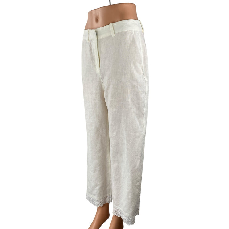 NEW Zara Women's White Floral Embroidered Lace Hem Wide Leg Trousers Pants Sz M