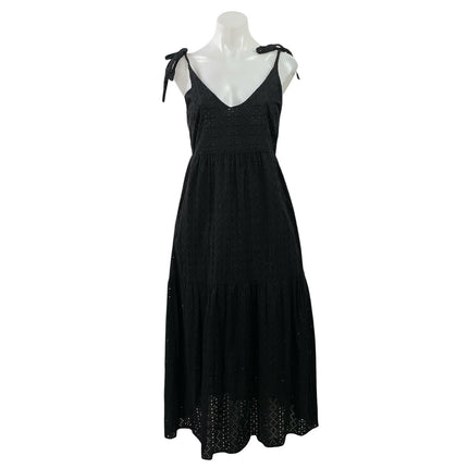 Topshop Black Embroidered Eyelet Tie Strap Sleeveless A Line Midi Dress Size 4