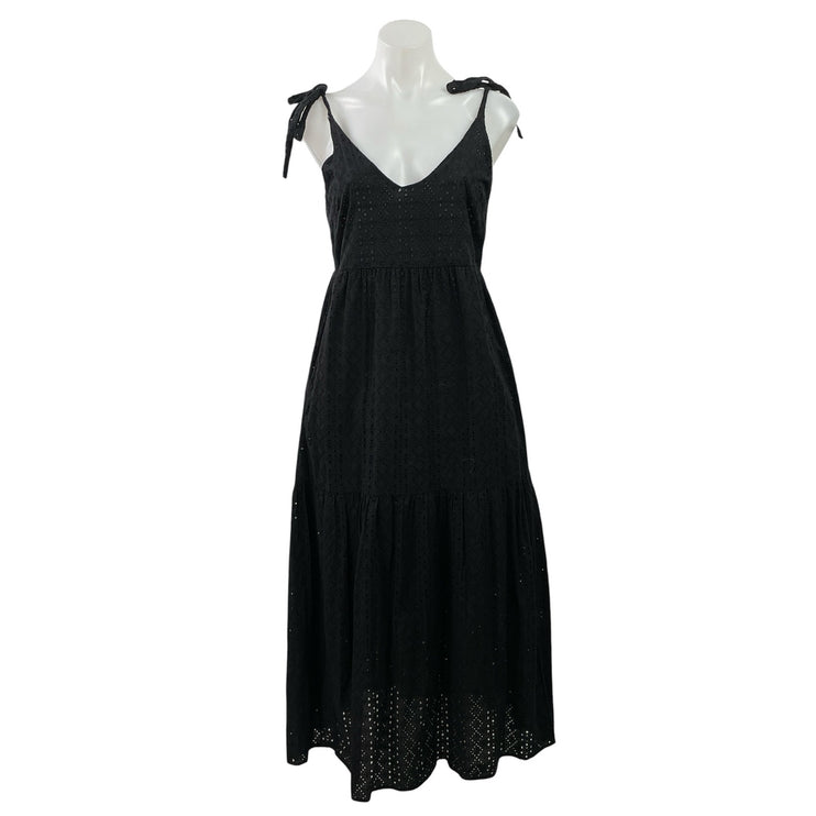 Topshop Black Embroidered Eyelet Tie Strap Sleeveless A Line Midi Dress Size 4