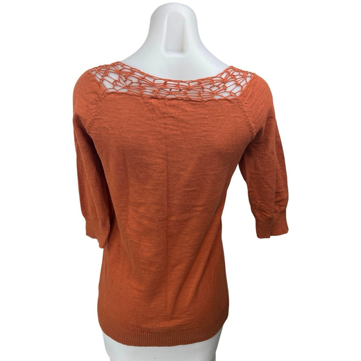 Rubbish Orange Knit Crochet Lace Half Sleeve Crew Neck Blouse Sweater Top Size M
