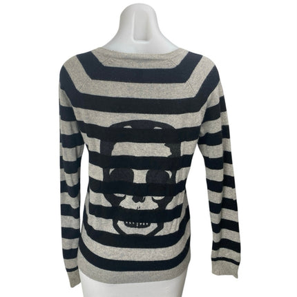 Aqua 100% Cashmere Black Gray Striped Skull print Long Sleeve Sweater Top Size S