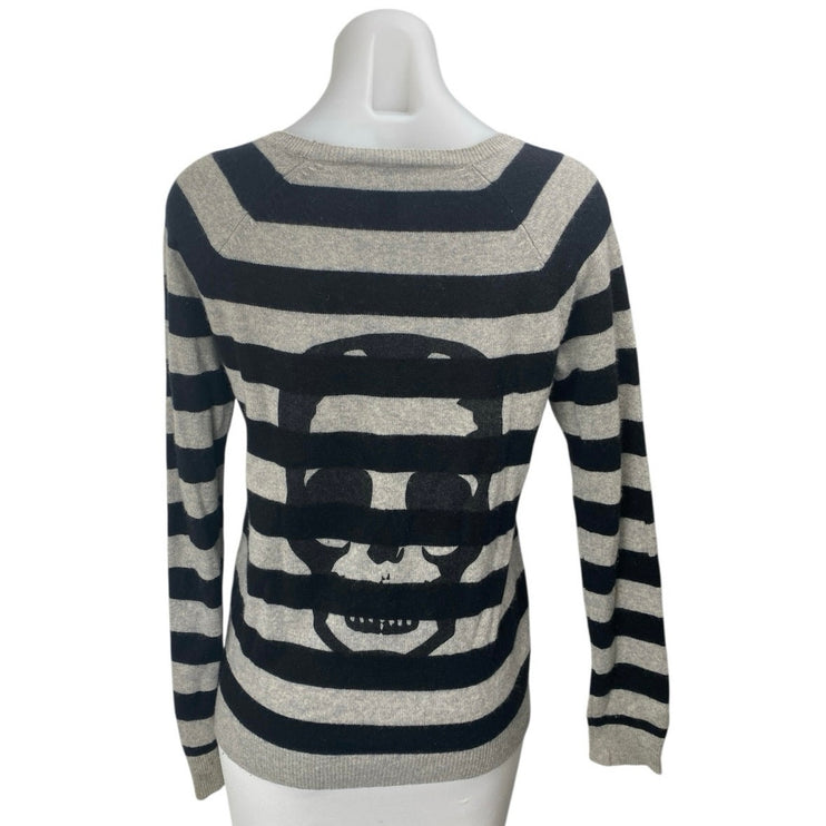 Aqua 100% Cashmere Black Gray Striped Skull print Long Sleeve Sweater Top Size S