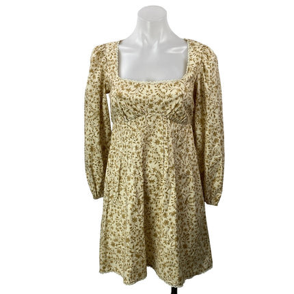 Reformation Michaela Womens Cream Long Puff Sleeves Floral Smocked Mini Dress XS