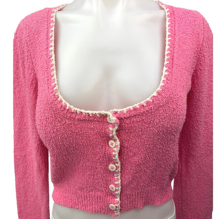 Zara Pink White Scoop Neck Button Down Cropped Cardigan Sweater Top Size M