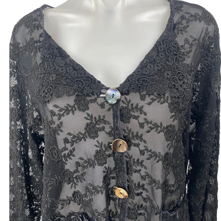 Women's Black Floral Lace Sheer Mesh Embroidered Button Up Blouse top Size OS