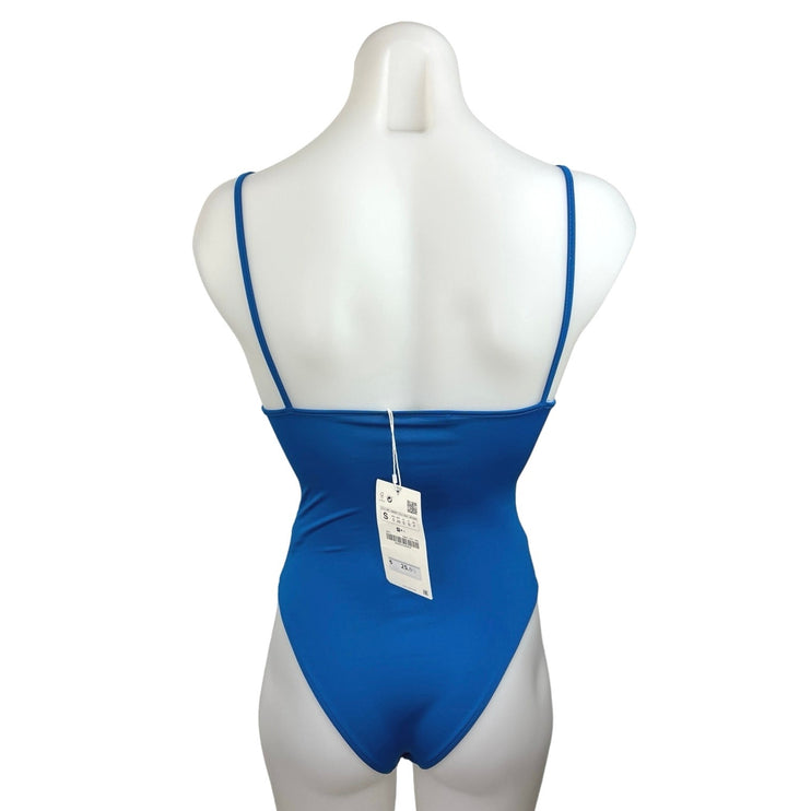 Zara NWT Blue Cutout Mesh V-Neck Spaghetti Strap Stretch Pull On Bodysuit Size S