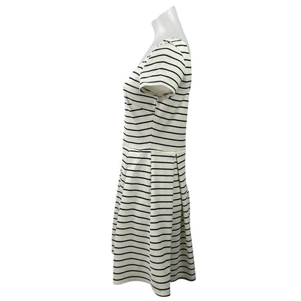 Soprano White Striped Pleated Short Sleeve Square Neck Mini Fit & Flare Dress S