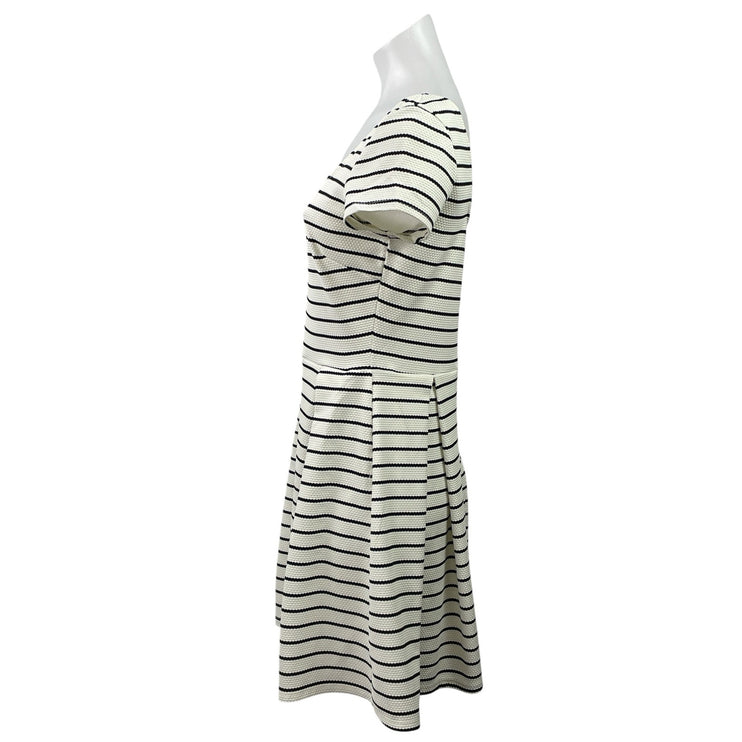 Soprano White Striped Pleated Short Sleeve Square Neck Mini Fit & Flare Dress S