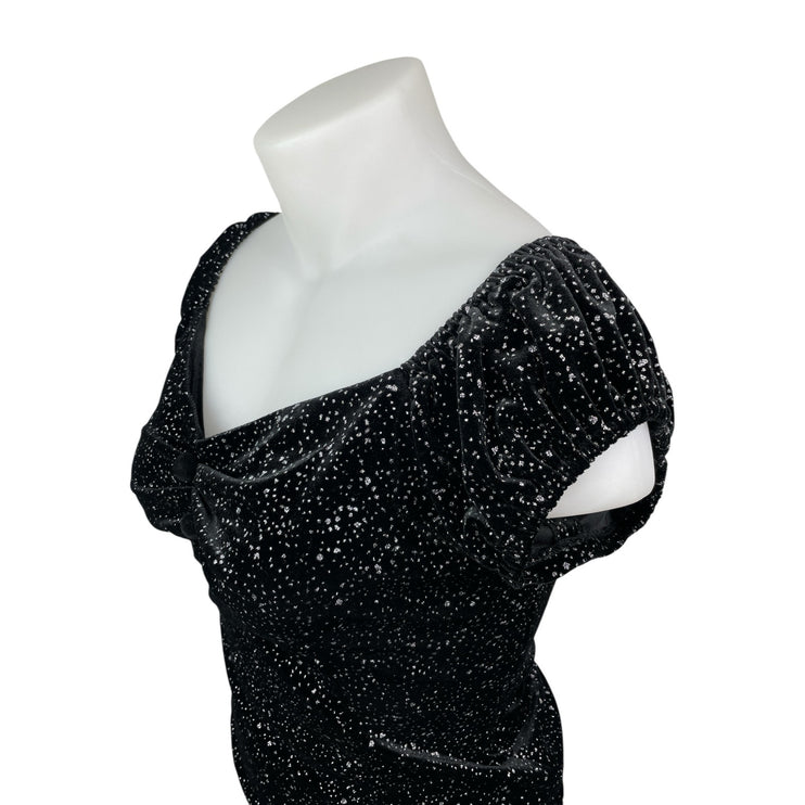 NEW Collectif Black Glitter Velvet Velour Short Sleeve Shirt Blouse Top Size 12