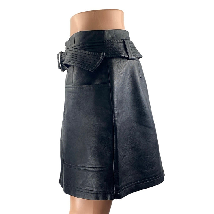 Topshop Women's Black Faux Vegan Leather Zip Up Belted Mini A-Line Skirt Size 38