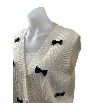 Cloud Ten White Cable Knit Bow Button Sleeveless Cardigan Sweater Vest Top Sz M
