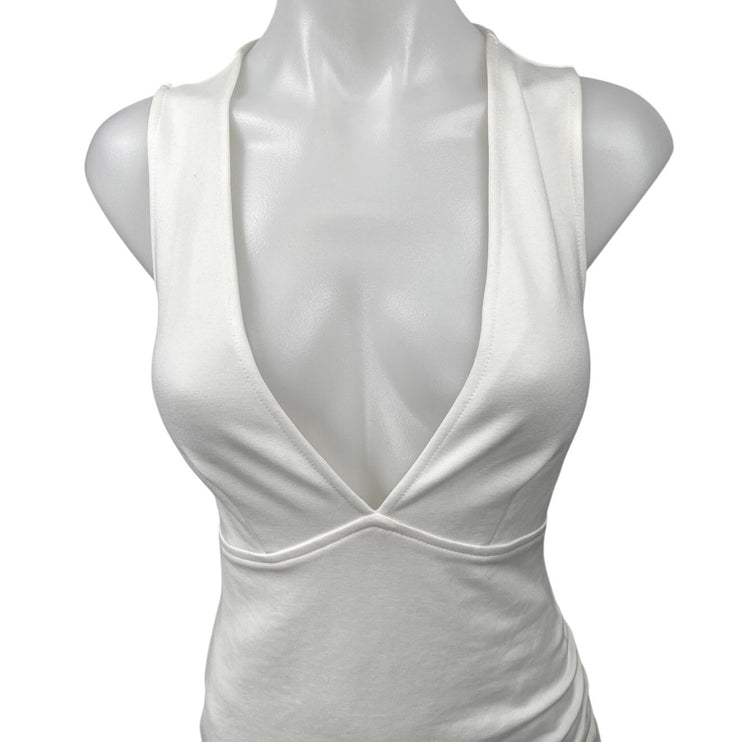 Superdown White Sleeveless Plunge V-neck Ruched Mini Fitted Bodycon Dress Size S