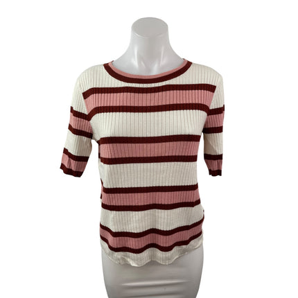 Frame Women's Wool Panel Stripe Ribbed Crew Neck Short Sleeve Slim Sweater Top S