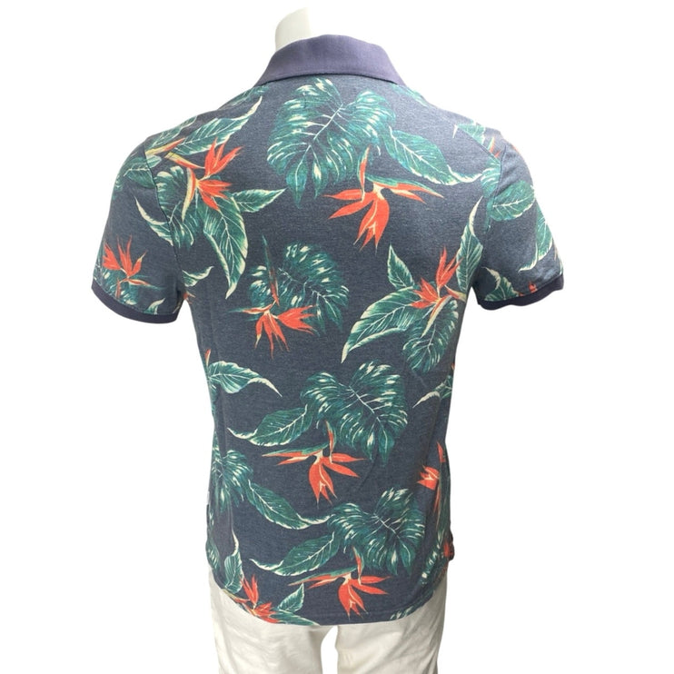Eleven Paris Men's Blue Tropical Graphic Short Sleeve Polo Shirt Top Size S