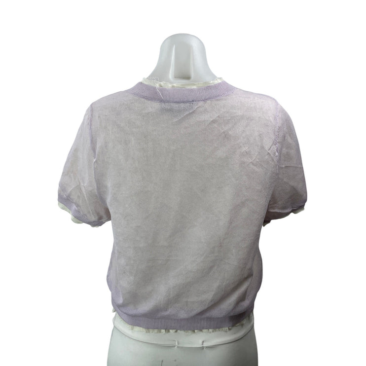 Zara Lilac Purple Linen Crew Neck Short Sleeve Button Down Cardigan Sweater S