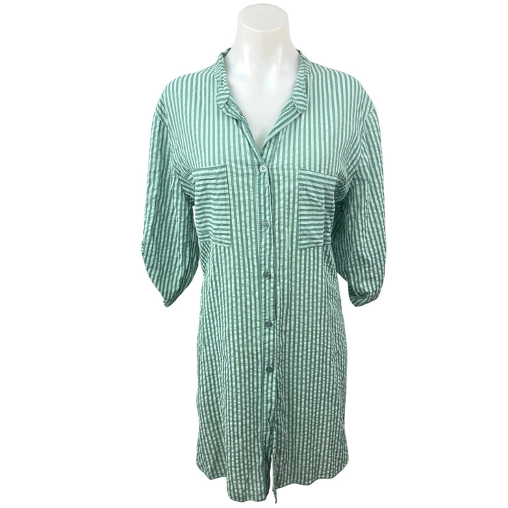 Sandra Fellini Green Striped Half Sleeve Button Down Shirt Mini Dress Size M