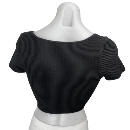 Aritzia Babaton Black Short Sleeve Ribbed Knit Square Neck Tee Crop Top Size S