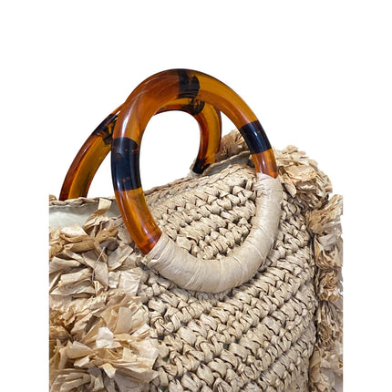 NEW Womens Woven Straw Round Resin Handle Fringe Shoulder Crossbody Handbag OS