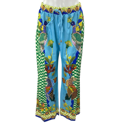 Women's Multicolor Floral Checkered Satin Button Down Shirt & Wde Leg Pants M