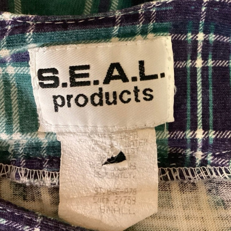 Vintage S.E.A.L Blue Green Ruckus Plaid Flannel Short Sleeve Crop Top Blouse S