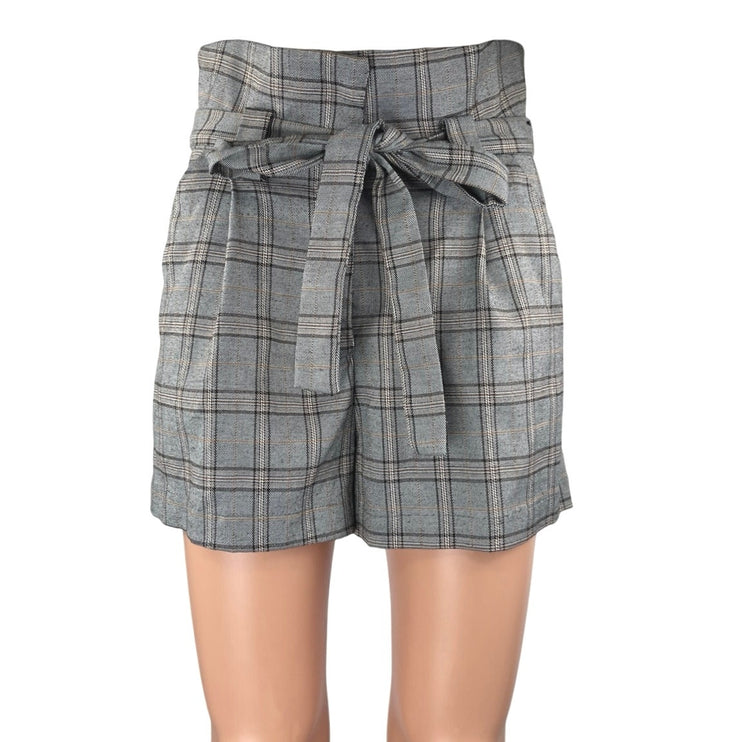 Re:named Gray Plaid Checkered Belted Tie Pleated Mini Casual Paperbag Shorts S